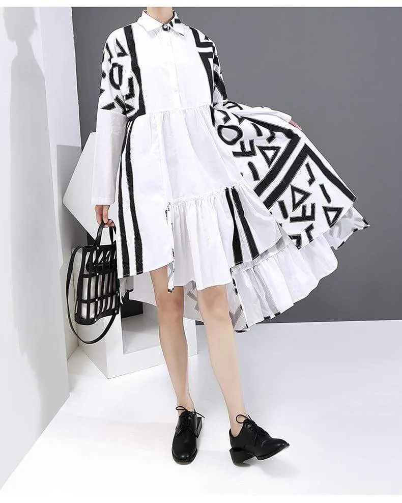 Black and White Asymmetrical Pleated Shirt Dress | Millennials