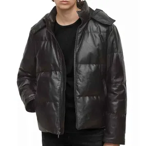 Black Leather Hooded Puffer Jacket