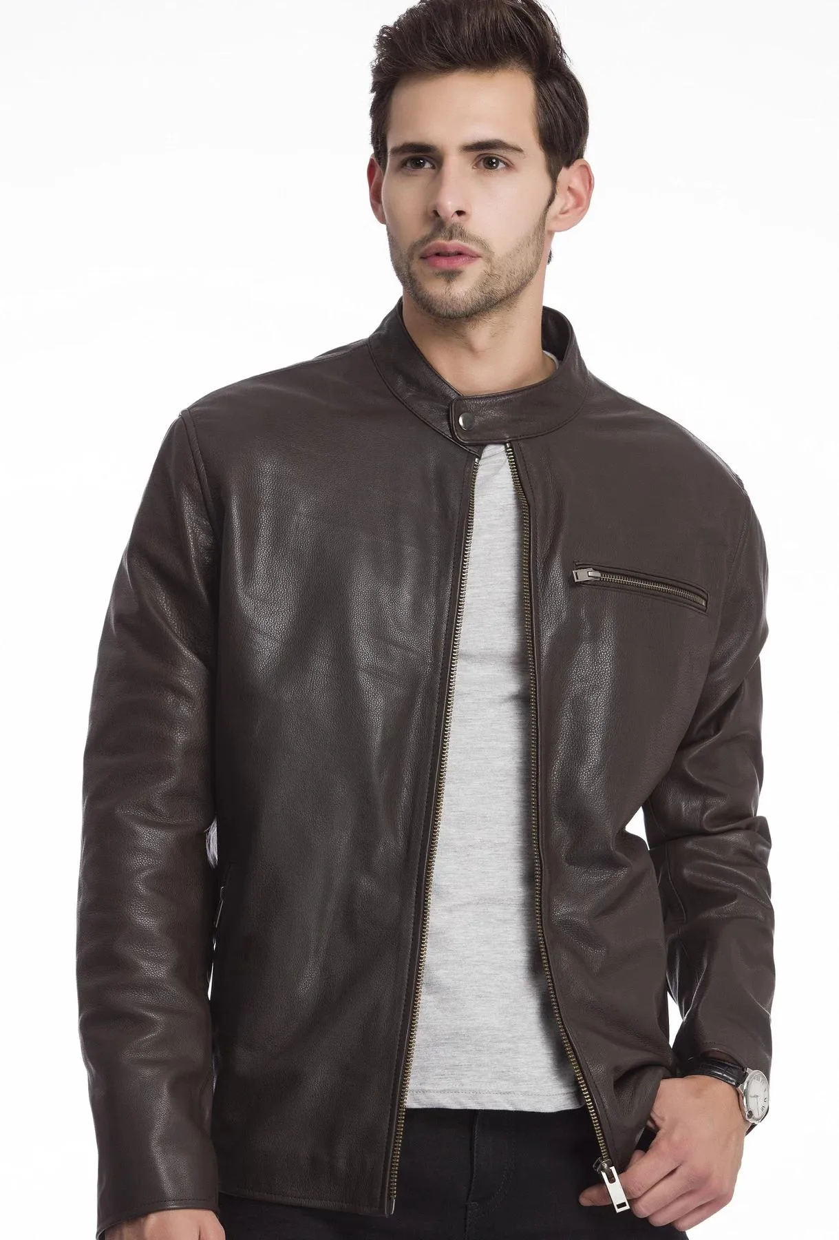 Bomber round collar Stylish Leather Jacket by TJS