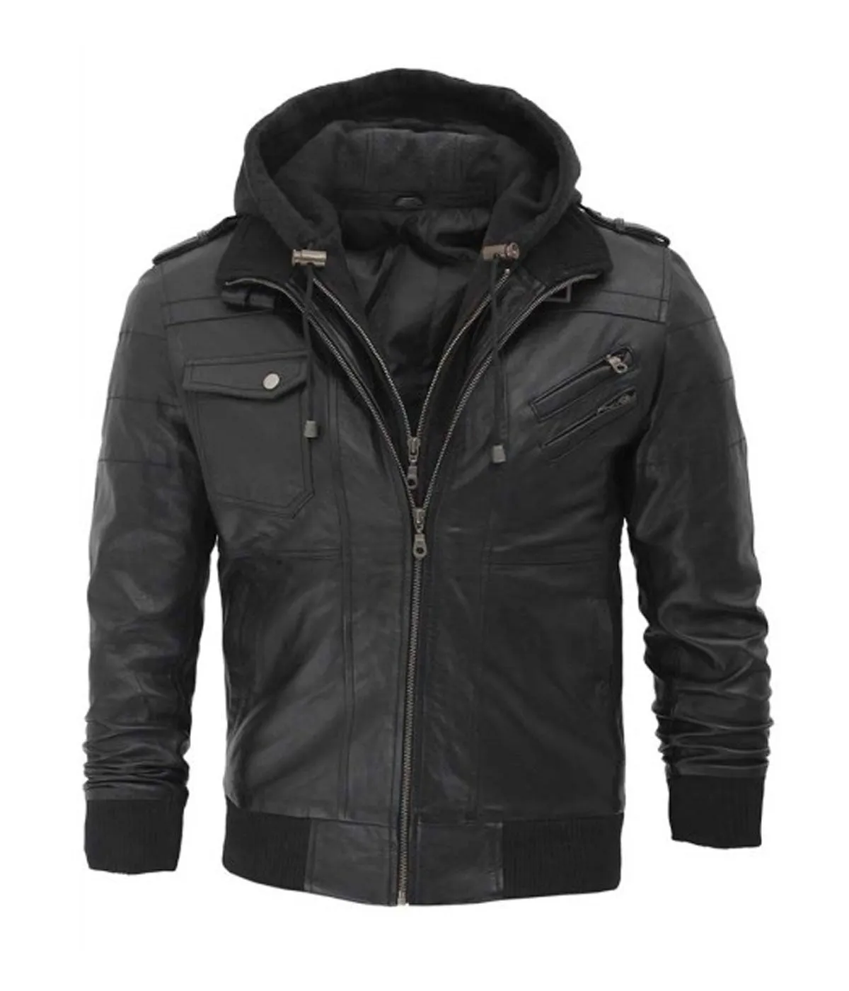 Edinburgh Black Leather Hood Jacket