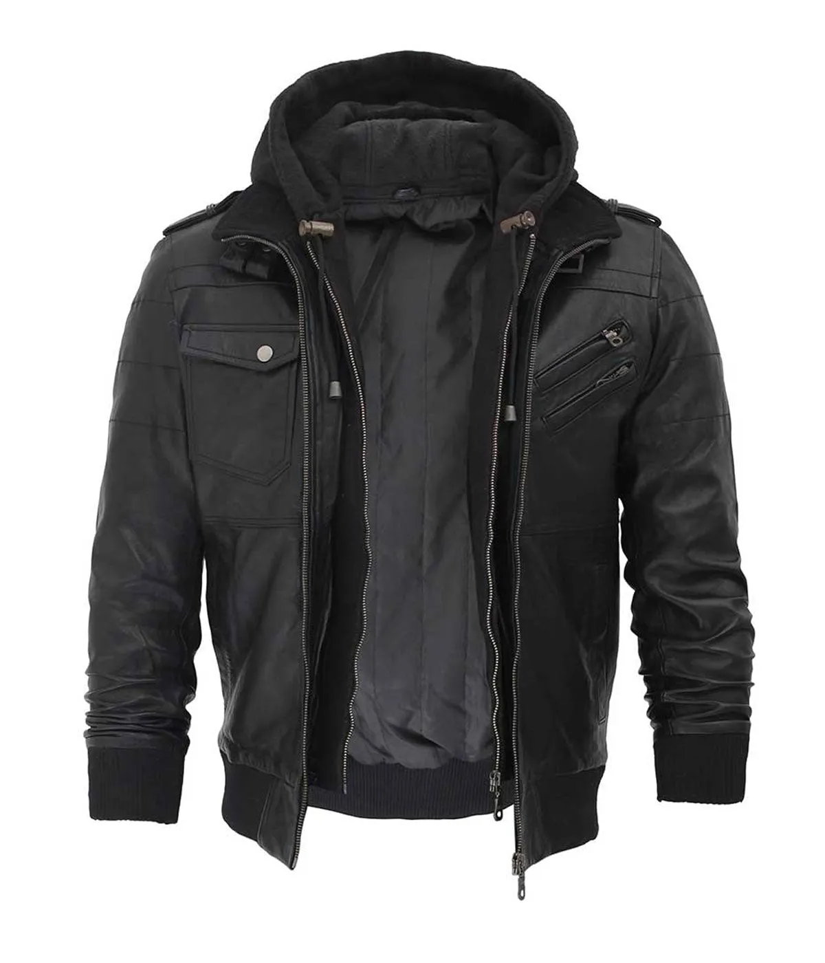 Edinburgh Black Leather Hood Jacket