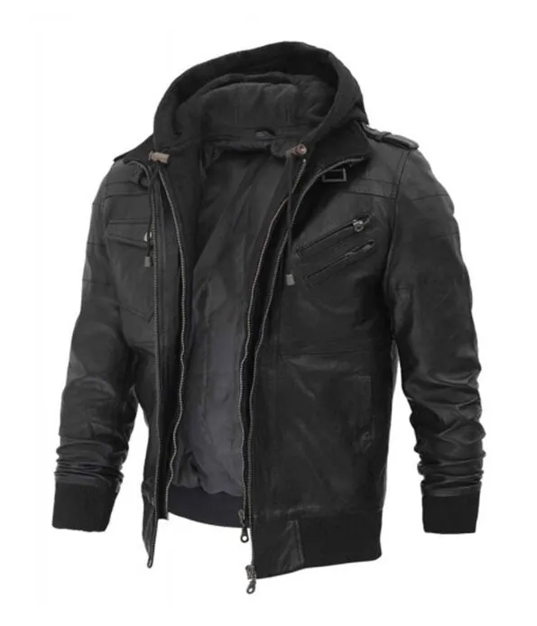 Edinburgh Black Leather Hood Jacket