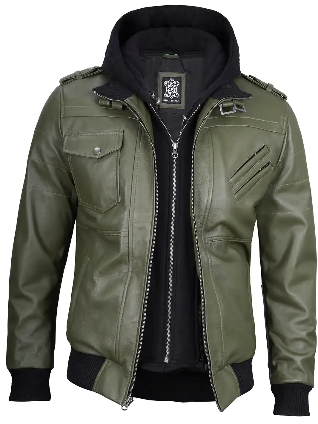 Edinburgh Military Green Mens Hooded Leather Jacket