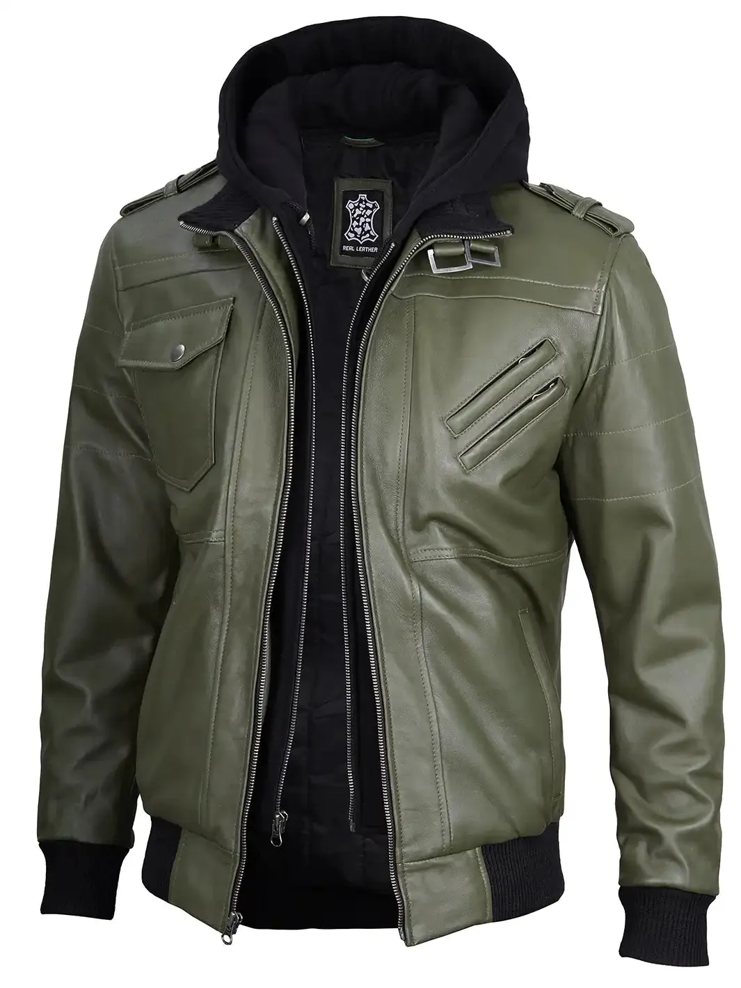 Edinburgh Military Green Mens Hooded Leather Jacket