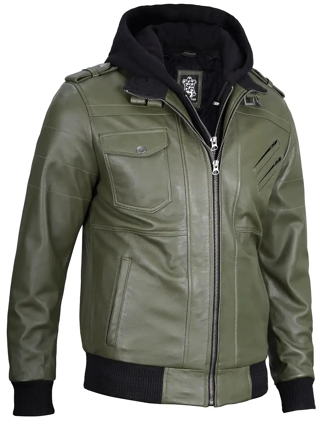 Edinburgh Military Green Mens Hooded Leather Jacket