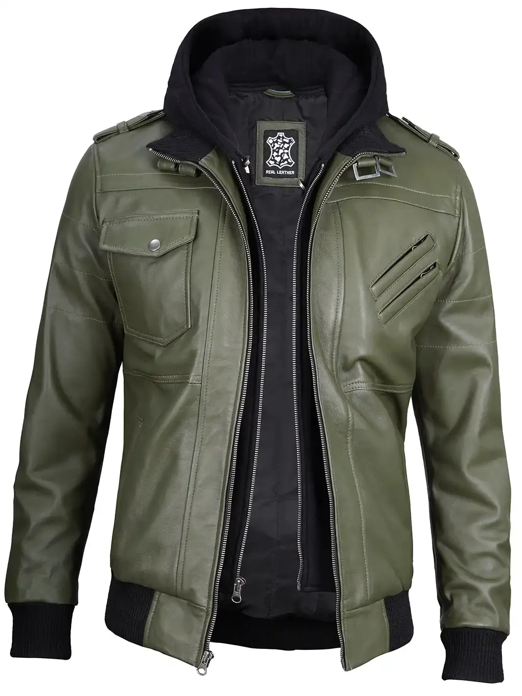 Edinburgh Military Green Mens Hooded Leather Jacket