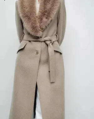 Elegant Faux fur lapel collar trench coat pea coat