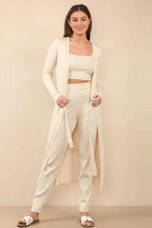 Fall Solid Casual U Neck Crop Top & Stretch Trousers With Long Cardigan Three-Piece Sets