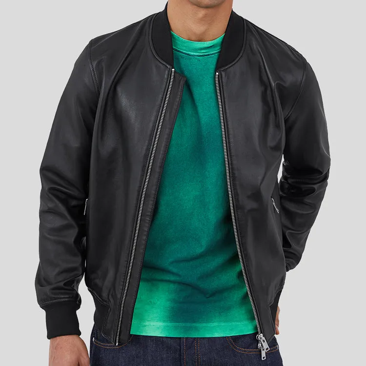 Genuine Leather Bomber Jacket Black