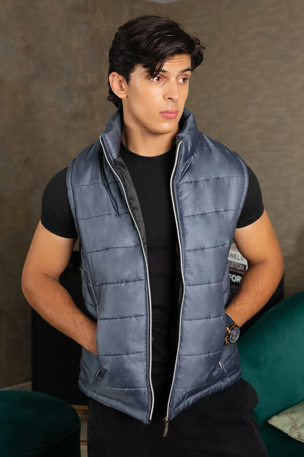 Greyish Blue Mock Sleeveless Puffer Jacket