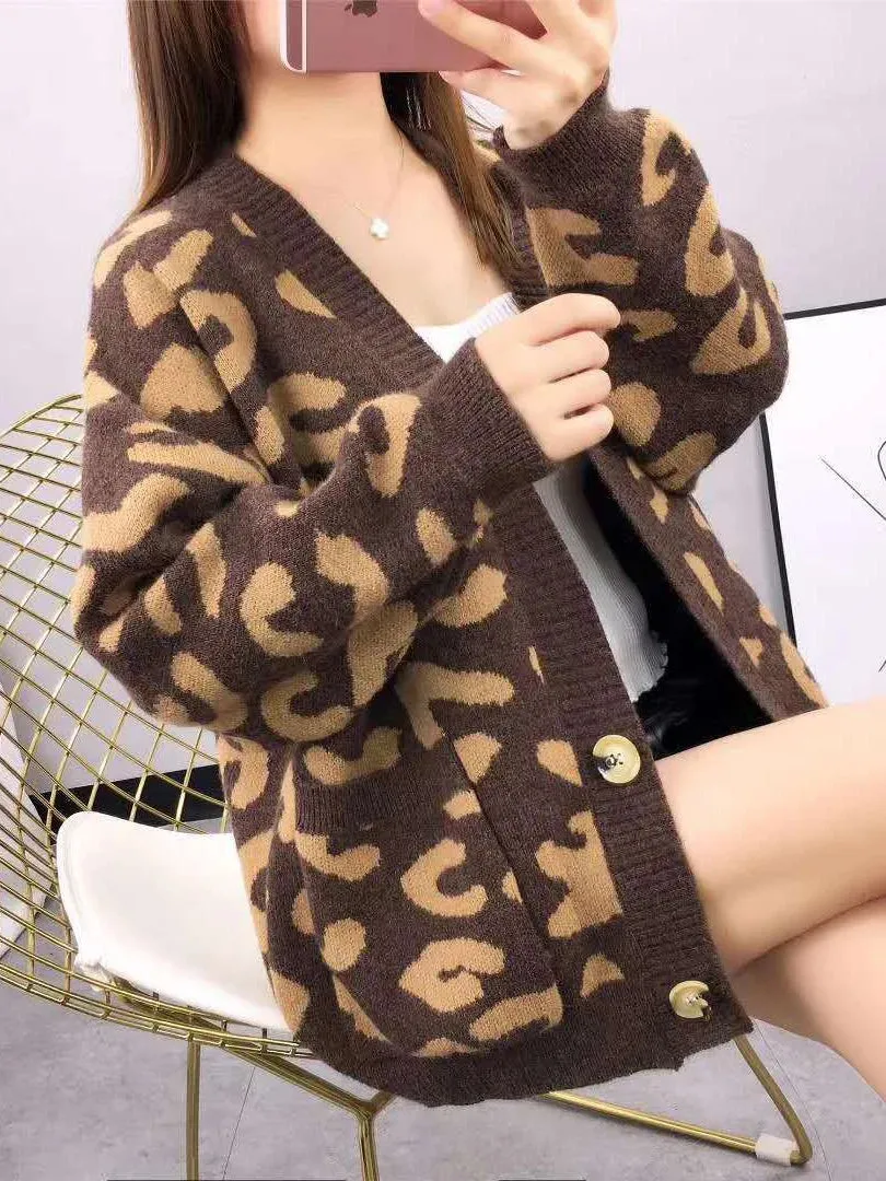 Harajuku Oversized Sweater New Autumn Winter Leopard Cardigan Casual Loose Female Knitted Open Stitch V-neck Jumper C-108