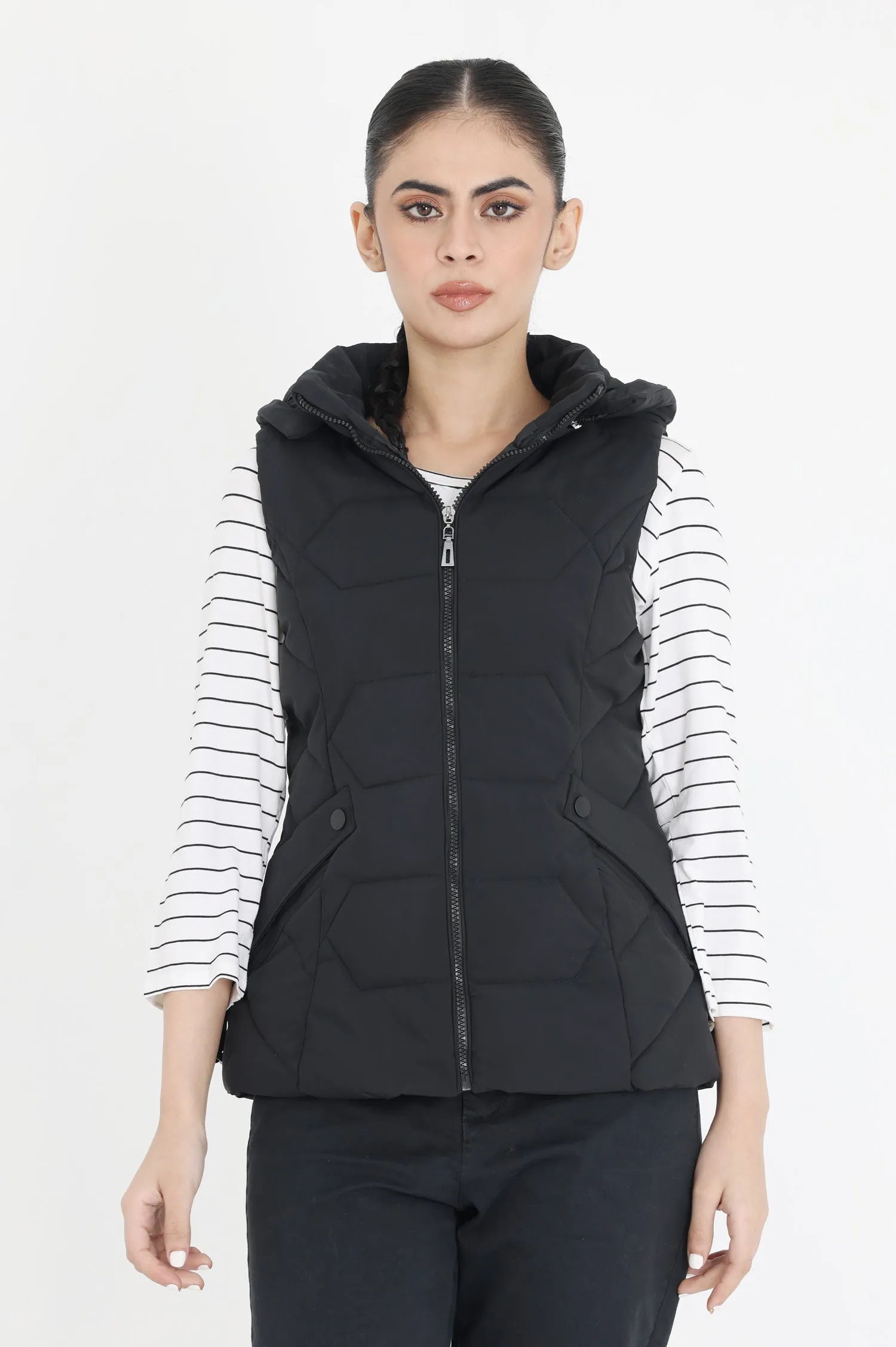 HOODED BREEZE SLEEVELESS PUFFER JACKET-BLACK