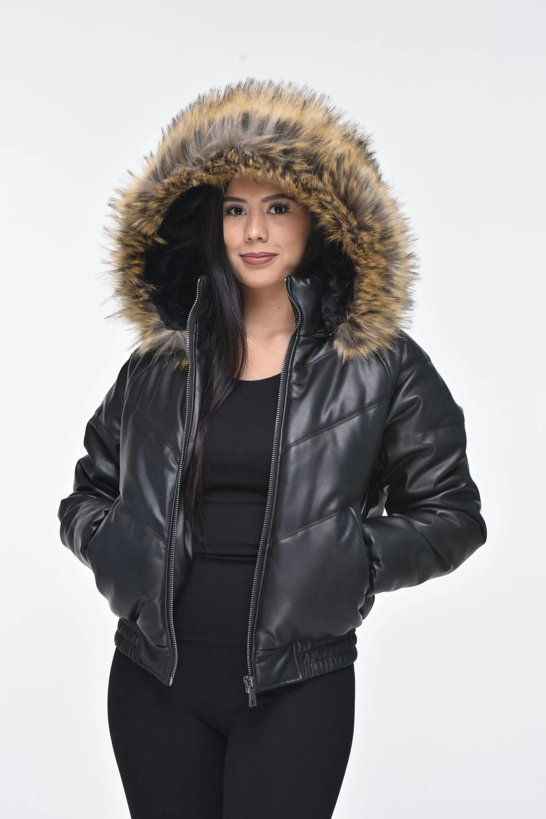 Ladies Faux Leather V Bomber Jacket with Detachable Faux Fur Hood (READ DESCRIPTION) - Black