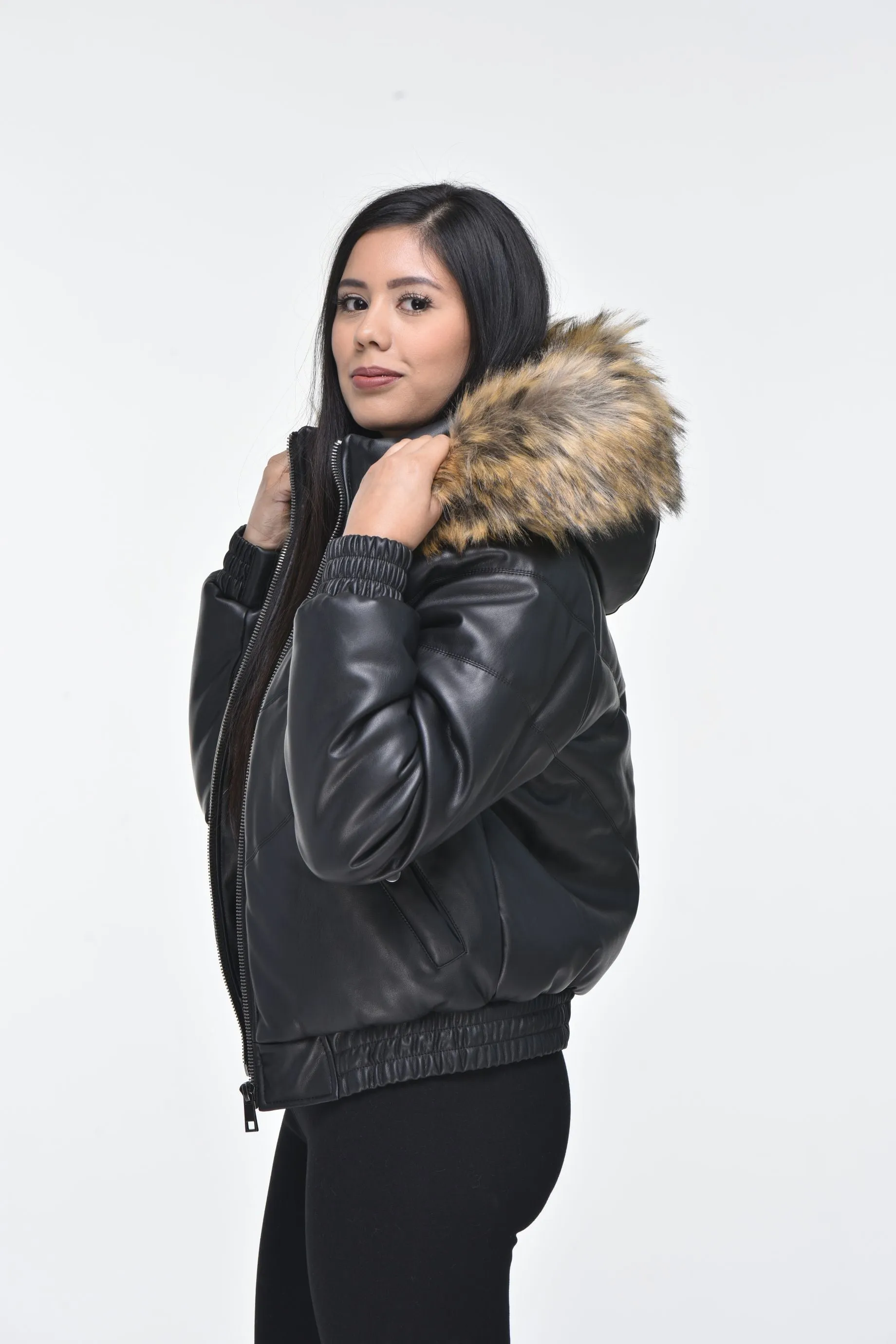 Ladies Faux Leather V Bomber Jacket with Detachable Faux Fur Hood (READ DESCRIPTION) - Black