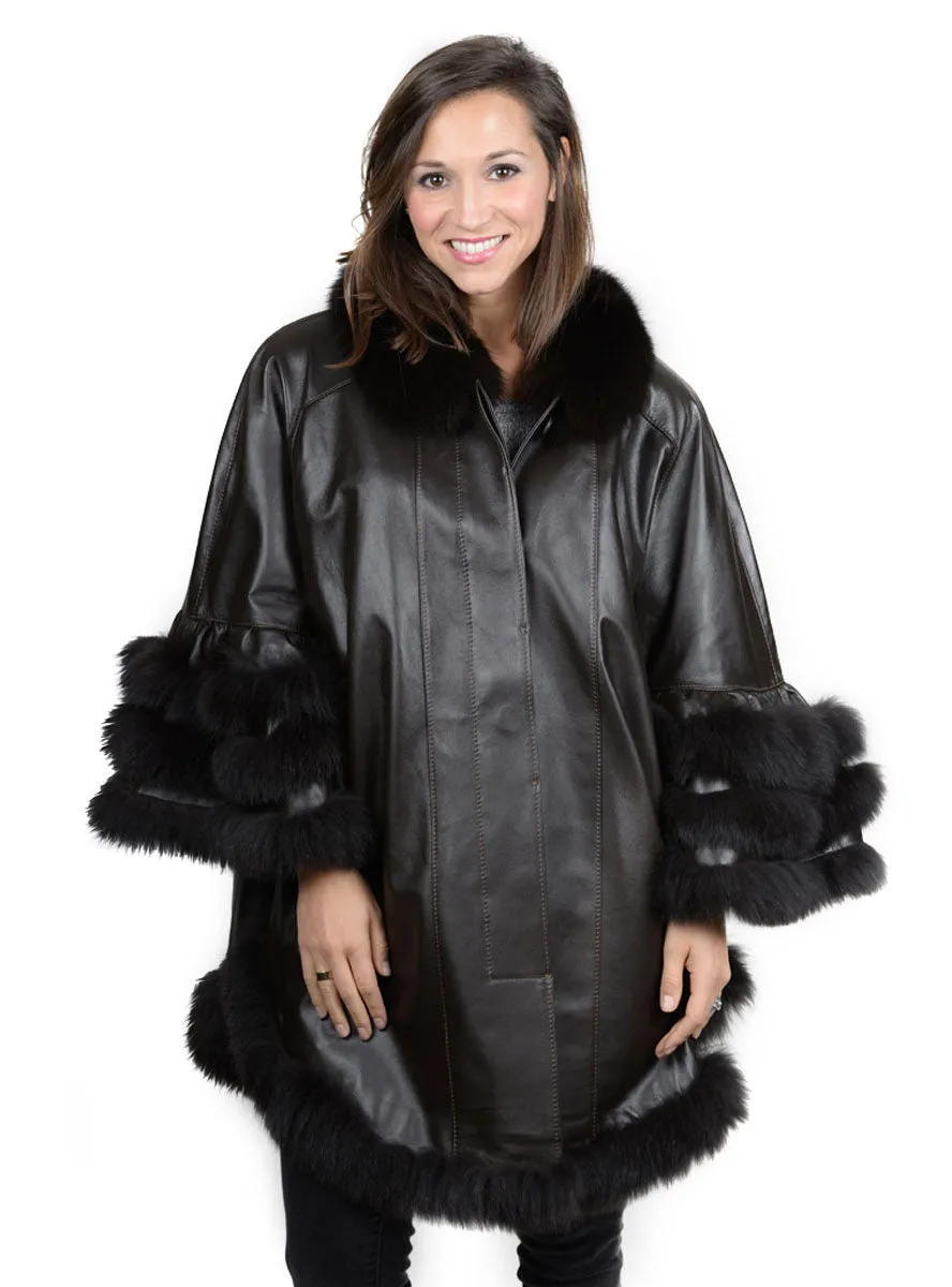 Leather Cape with Fox Fur Trim