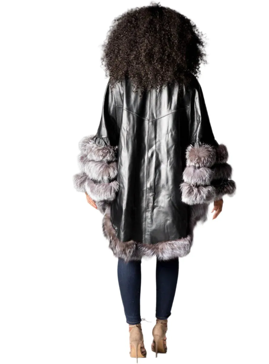 Leather Cape with Fox Fur Trim