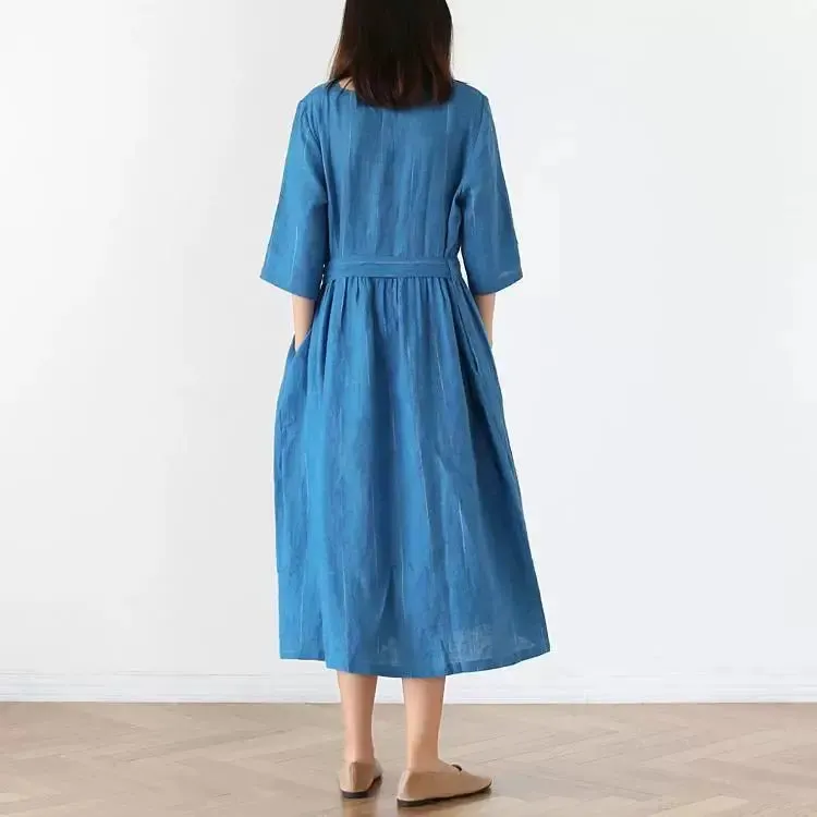 Linen dresses Stand-Up Collar Dress with Half Sleeves