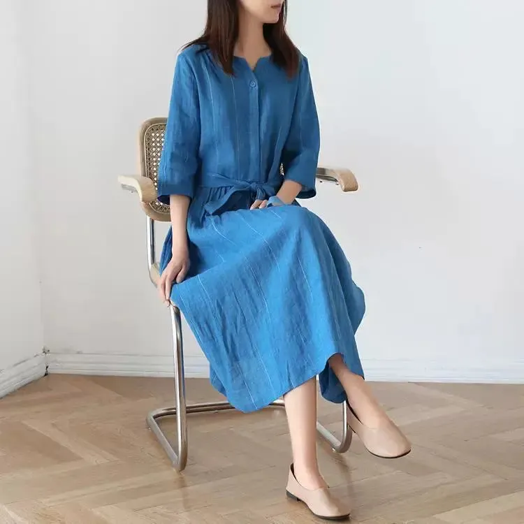 Linen dresses Stand-Up Collar Dress with Half Sleeves