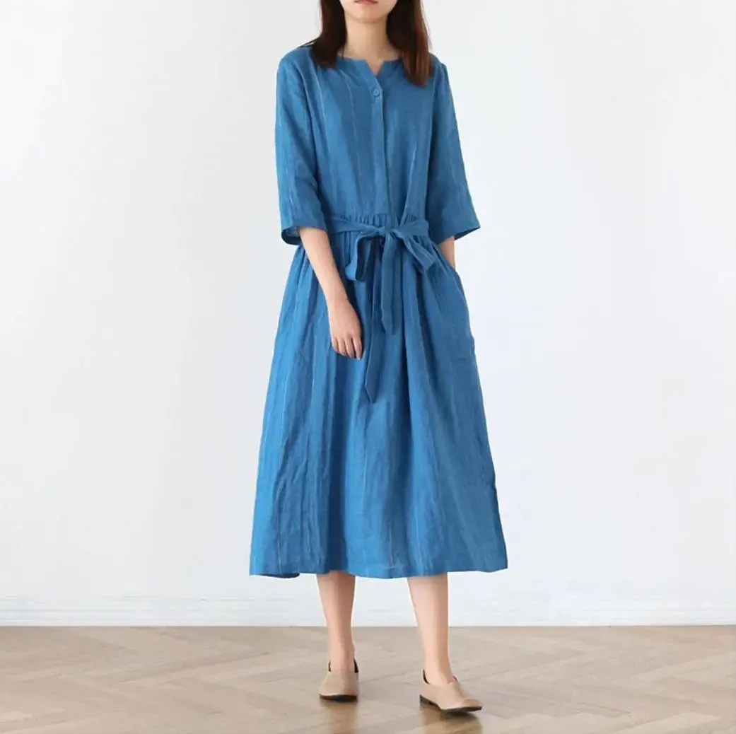 Linen dresses Stand-Up Collar Dress with Half Sleeves