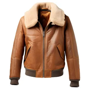 Men's Brown Shearling Fur Bomber Premium Sheepskin Leather Jacket