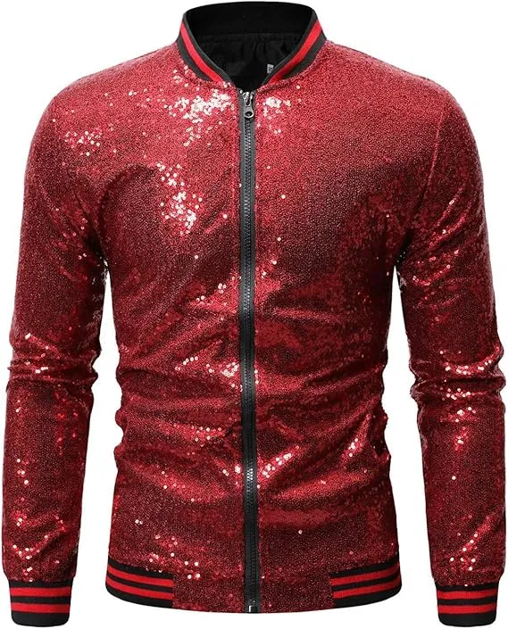 Men's Glitter Sequin Zip Up Green Bomber Jacket