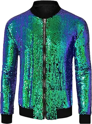 Men's Glitter Sequin Zip Up Green Bomber Jacket