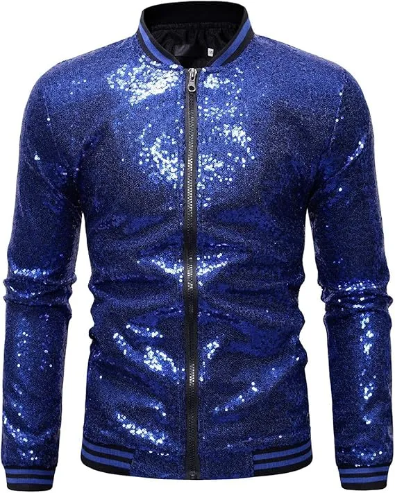 Men's Glitter Sequin Zip Up Green Bomber Jacket