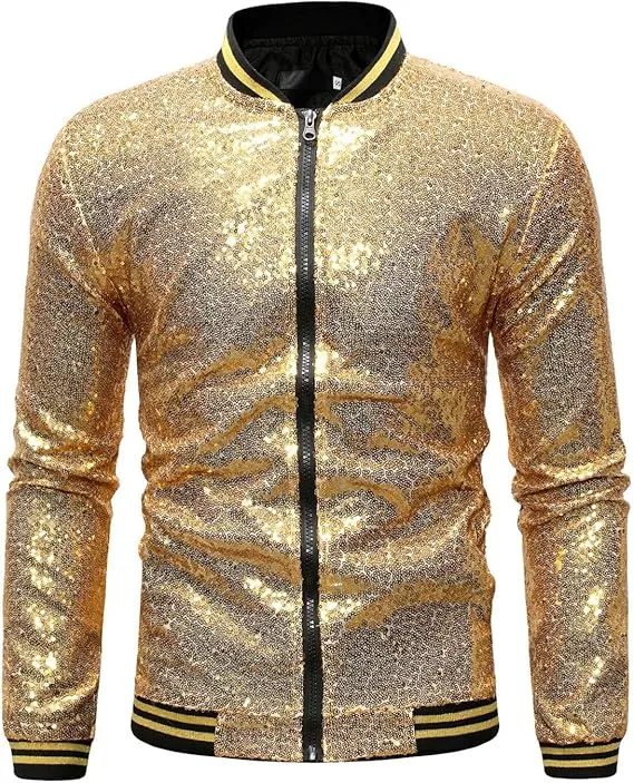 Men's Glitter Sequin Zip Up Green Bomber Jacket