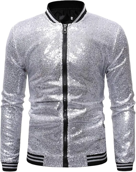 Men's Glitter Sequin Zip Up Green Bomber Jacket