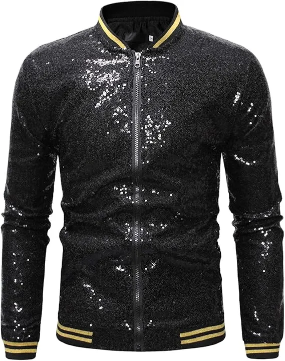 Men's Glitter Sequin Zip Up Green Bomber Jacket