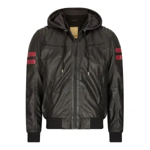 Men's Hooded Leather Bomber Jacket Red Stripes Quilted