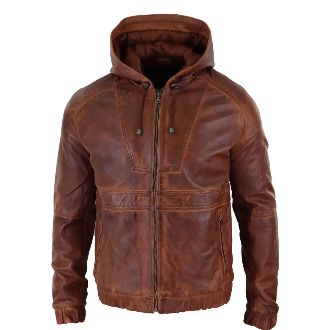 Men's Leather Hood Bomber Jacket Tan Brown Black Zipped