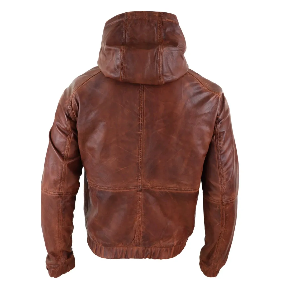 Men's Leather Hood Bomber Jacket Tan Brown Black Zipped