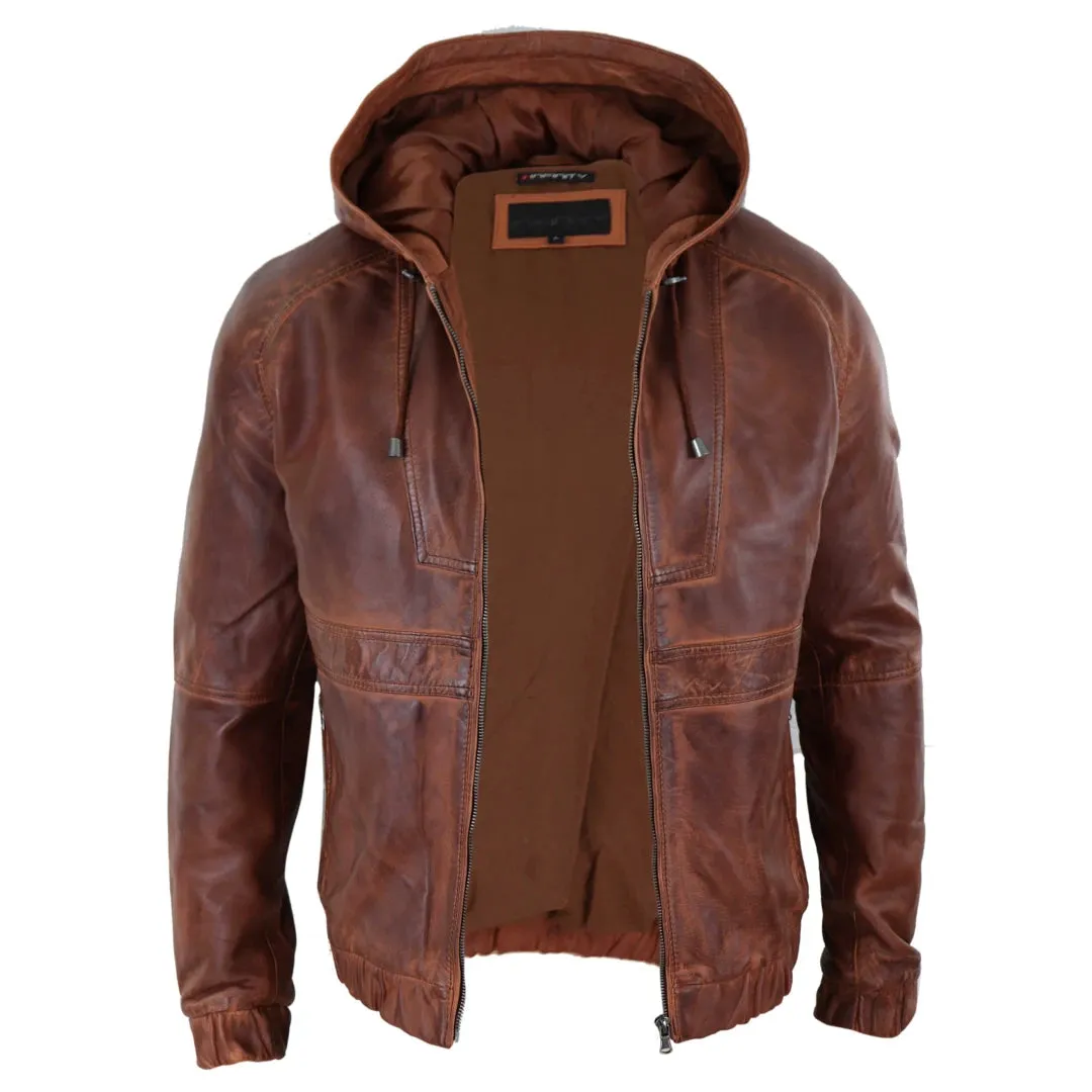 Men's Leather Hood Bomber Jacket Tan Brown Black Zipped