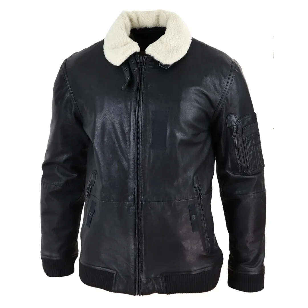 Men's Leather Jacket Washed Bomber Air Force Pilot Fur Collar