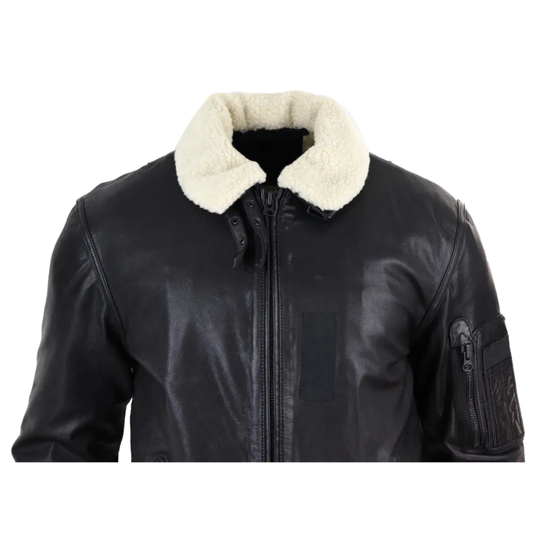 Men's Leather Jacket Washed Bomber Air Force Pilot Fur Collar