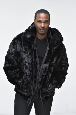 Men’s Mink Fur Bomber Jacket with Hood – Black