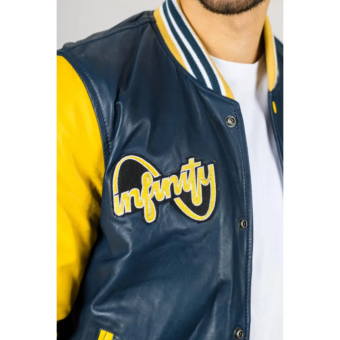 Men's Navy Blue Leather Letterman Bomber Jacket