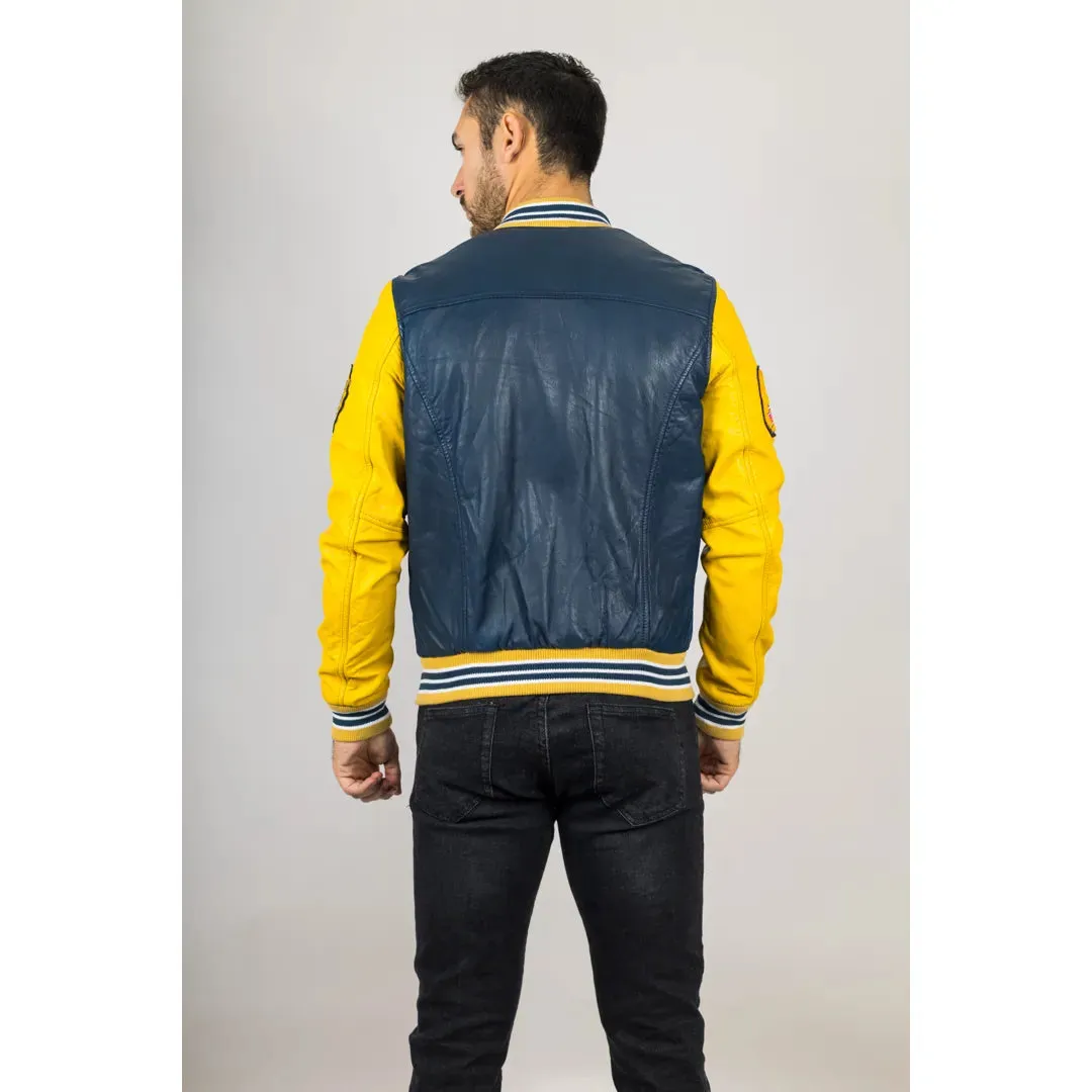 Men's Navy Blue Leather Letterman Bomber Jacket