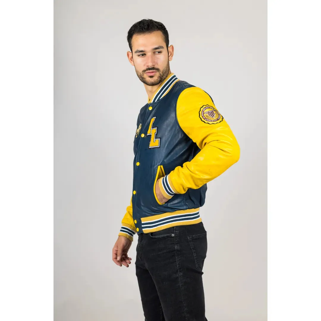 Men's Navy Blue Leather Letterman Bomber Jacket