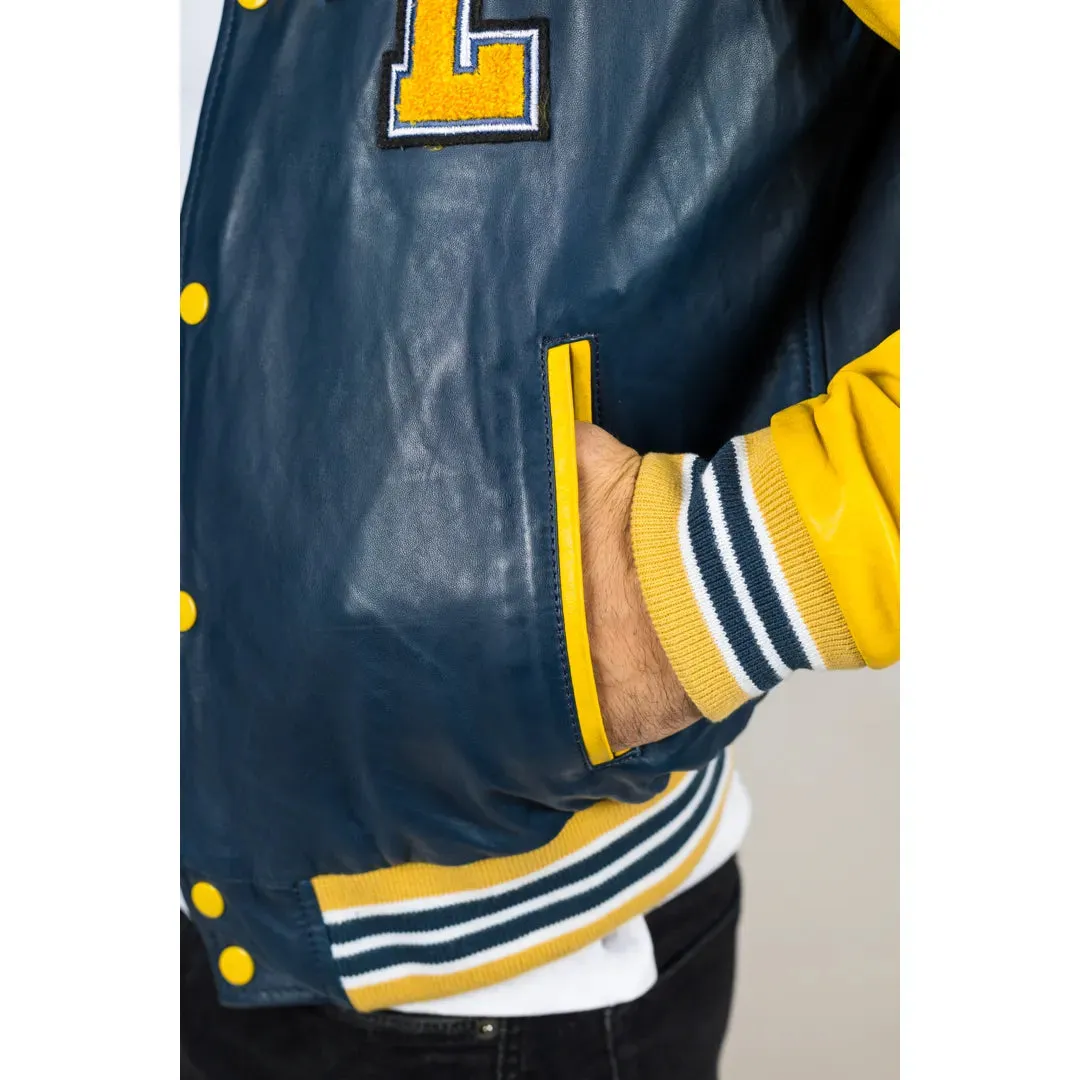 Men's Navy Blue Leather Letterman Bomber Jacket