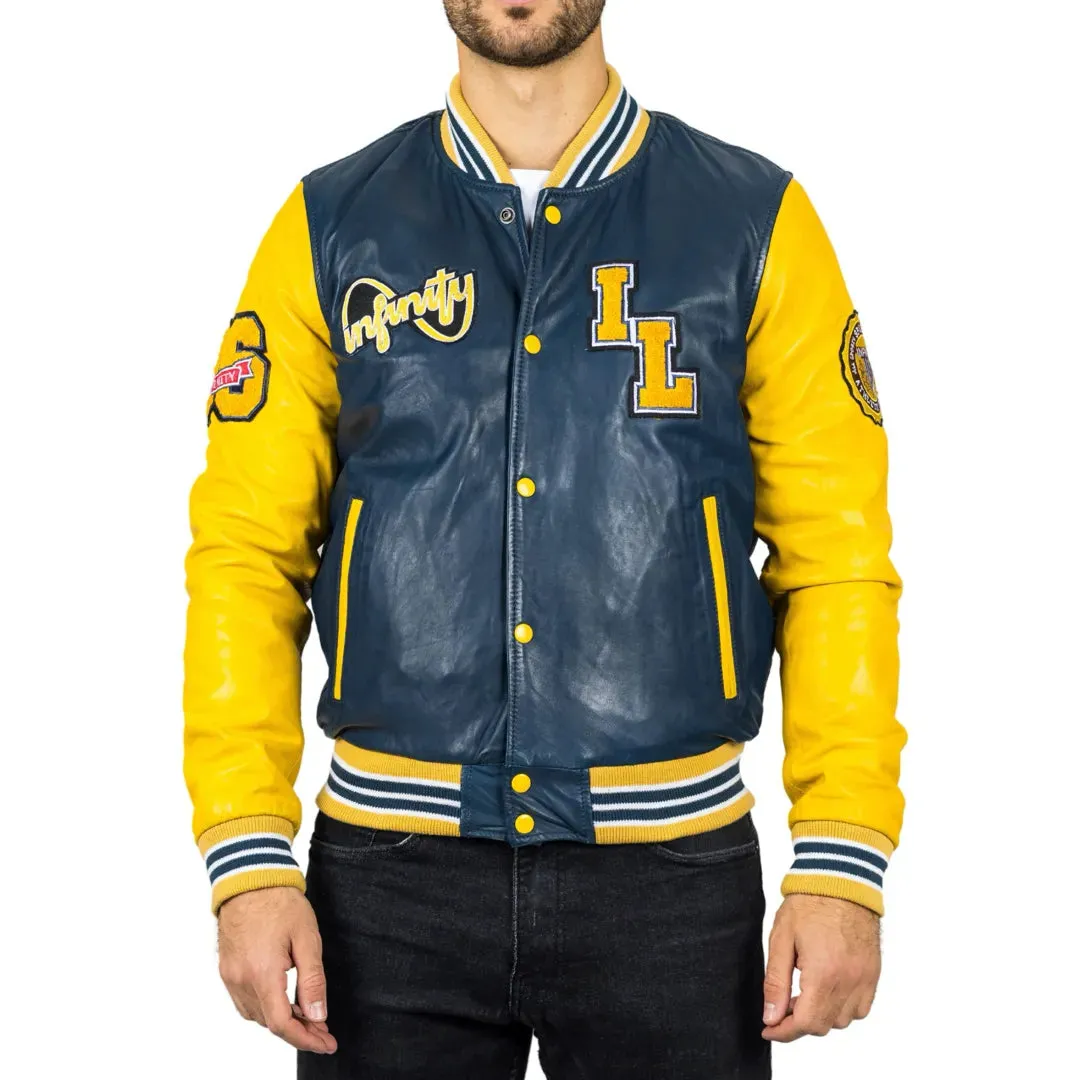 Men's Navy Blue Leather Letterman Bomber Jacket