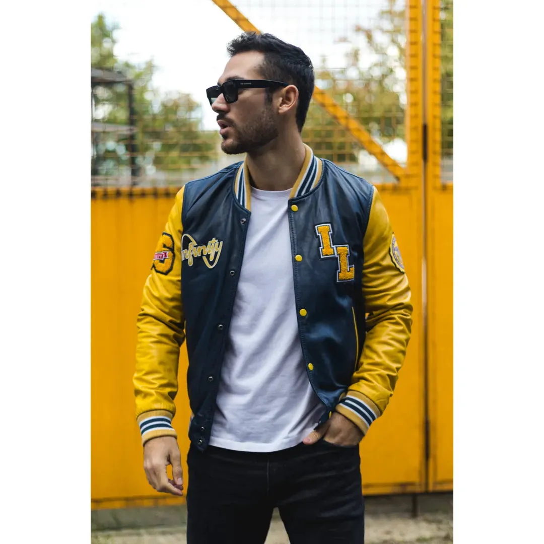 Men's Navy Blue Leather Letterman Bomber Jacket