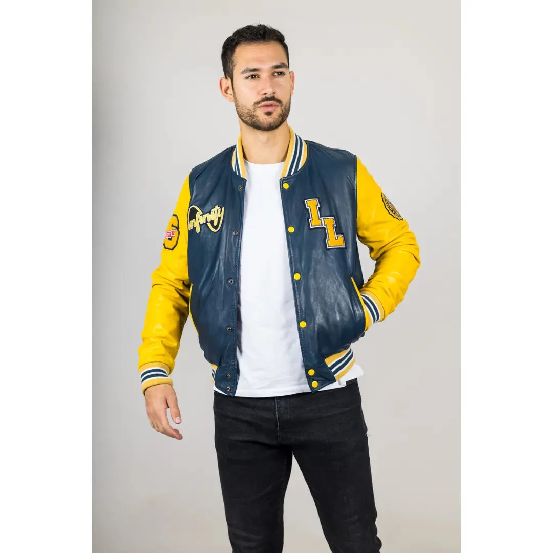 Men's Navy Blue Leather Letterman Bomber Jacket