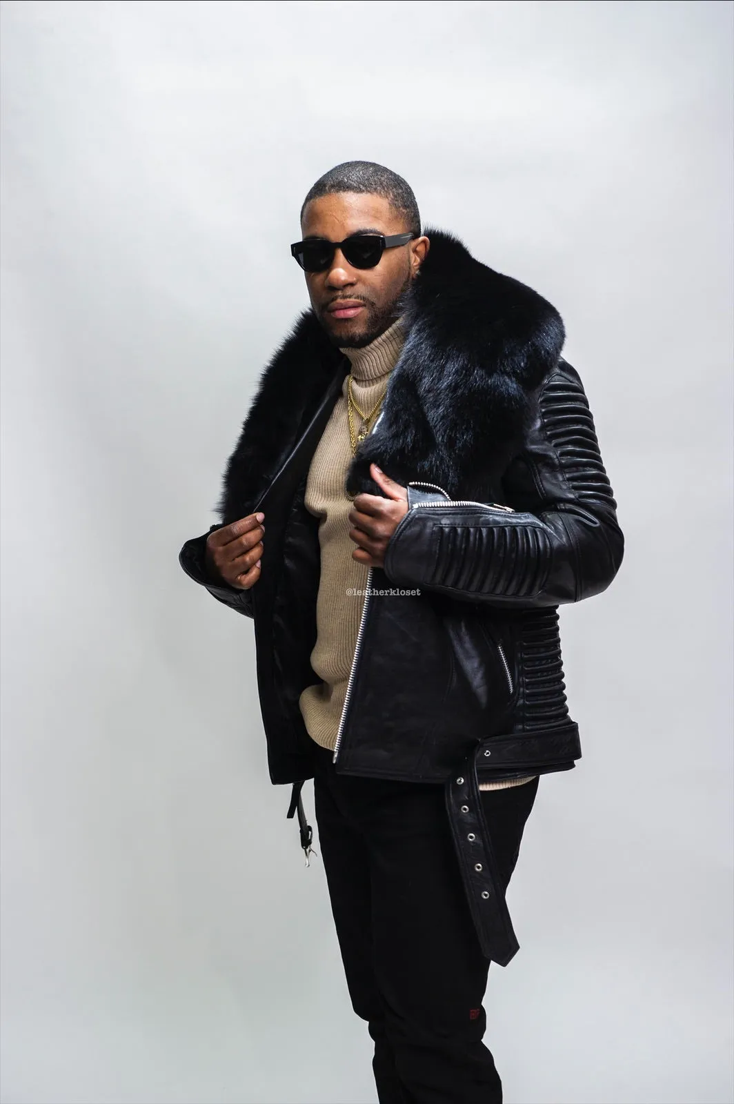 Men's Trey Biker Black Full Fox Fur Collar [Black Fox]