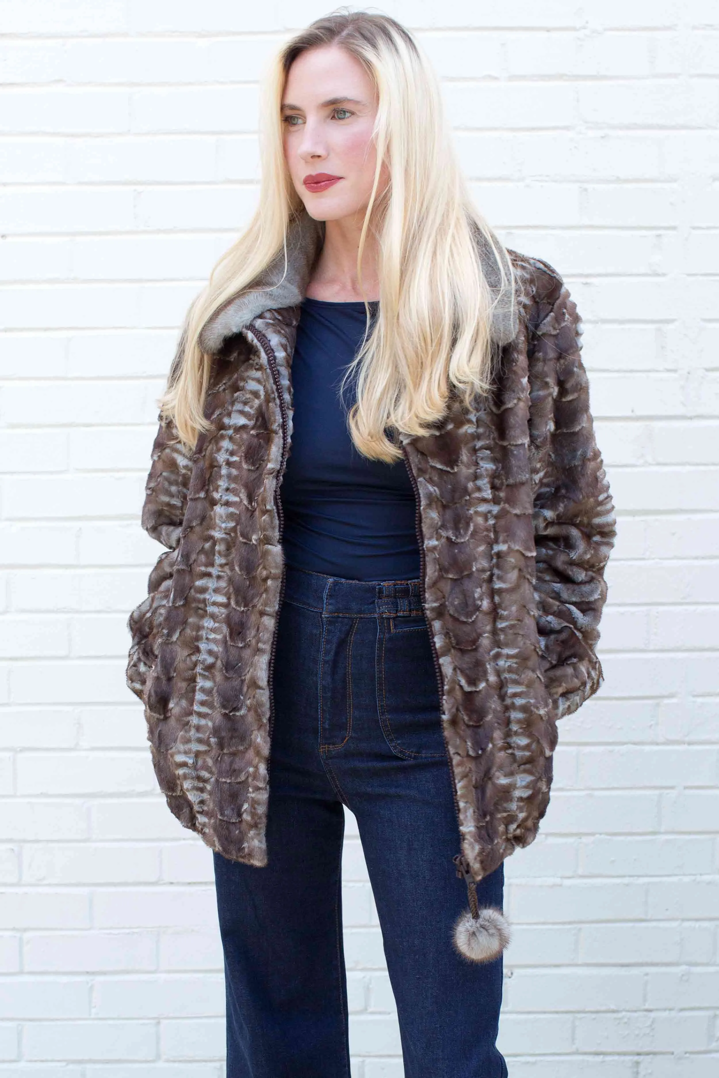 Mink Fur Bomber Jacket with Full Skin Mink Fur Collar