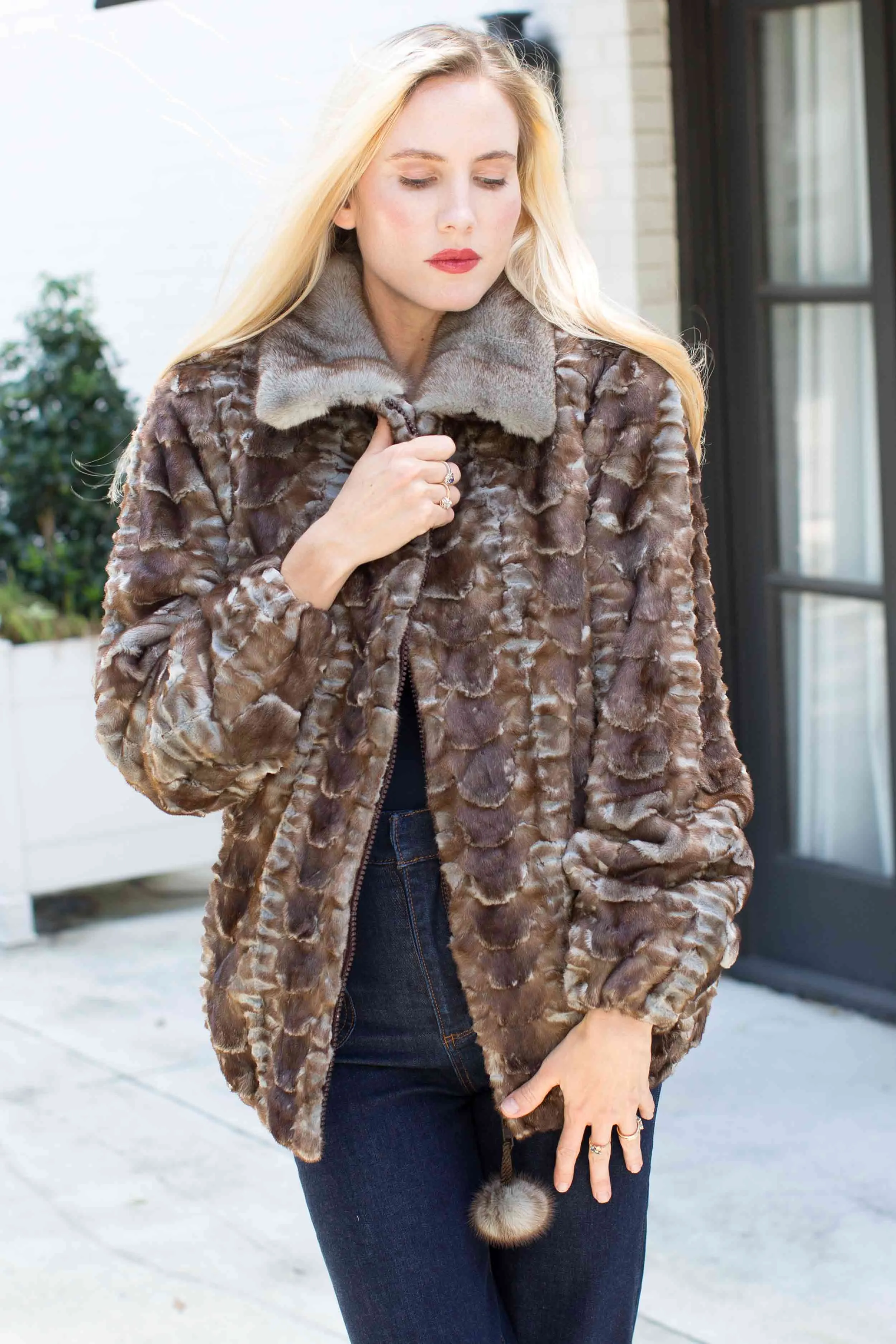 Mink Fur Bomber Jacket with Full Skin Mink Fur Collar