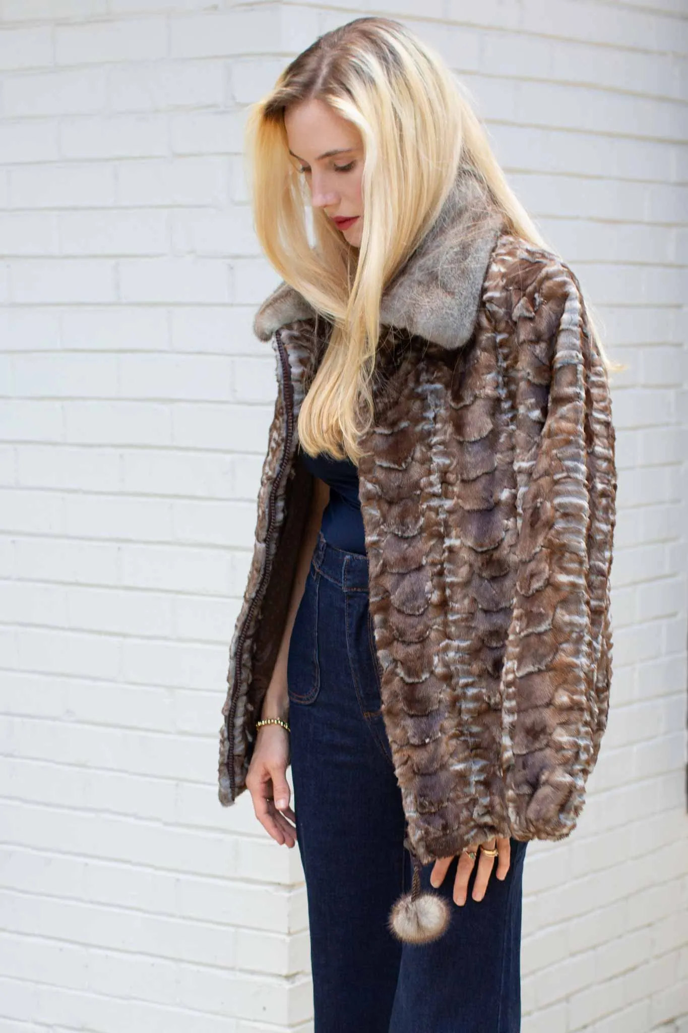 Mink Fur Bomber Jacket with Full Skin Mink Fur Collar