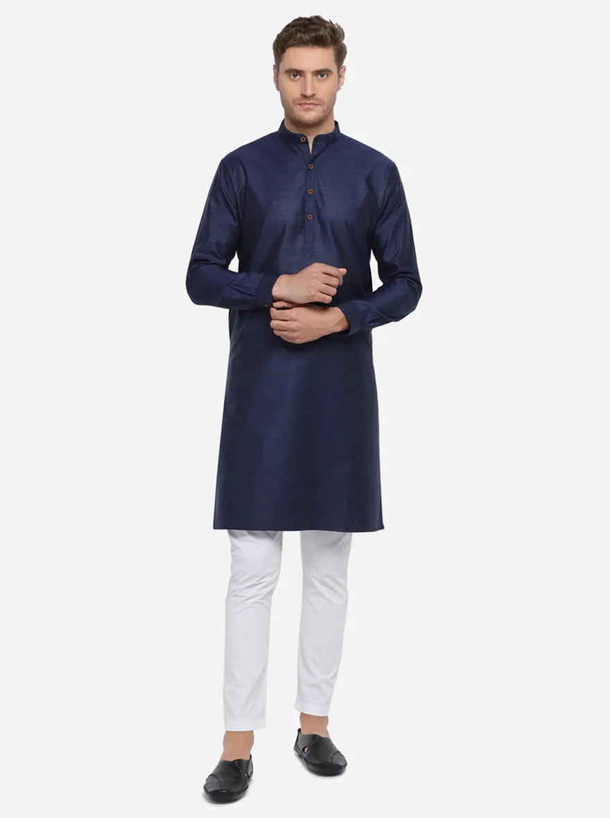 Navy Blue Self Design Regular Fit Modi Kurta | JadeBlue