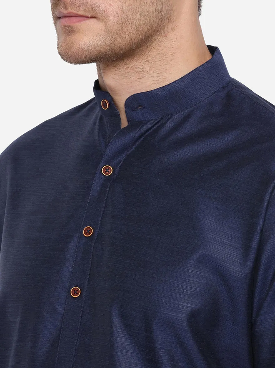 Navy Blue Self Design Regular Fit Modi Kurta | JadeBlue